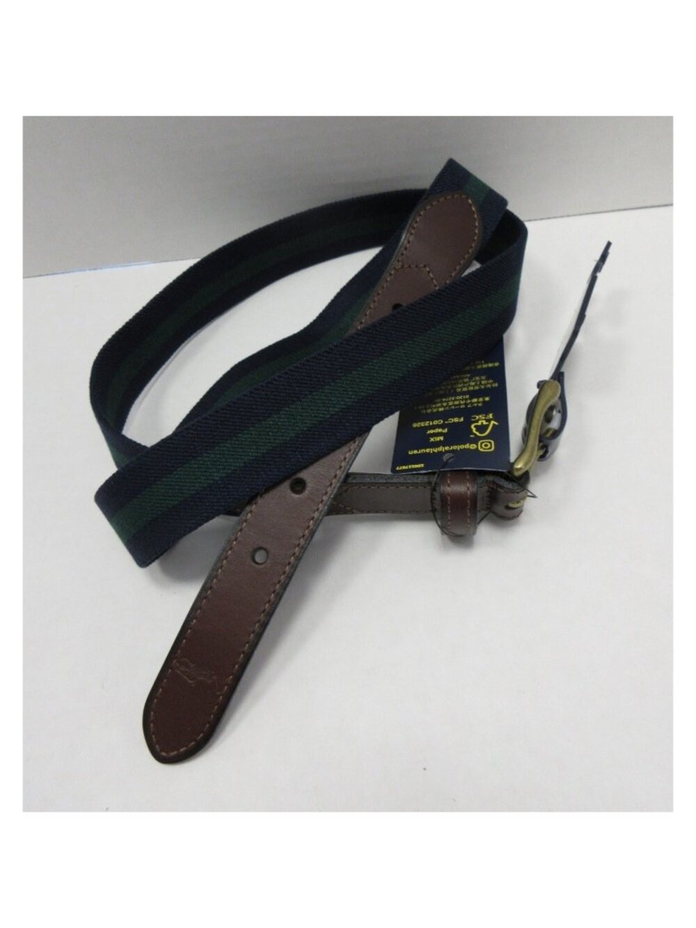 Polo Ralph Lauren Belt 42 Green Webbing Leather Striped Brass Buckle